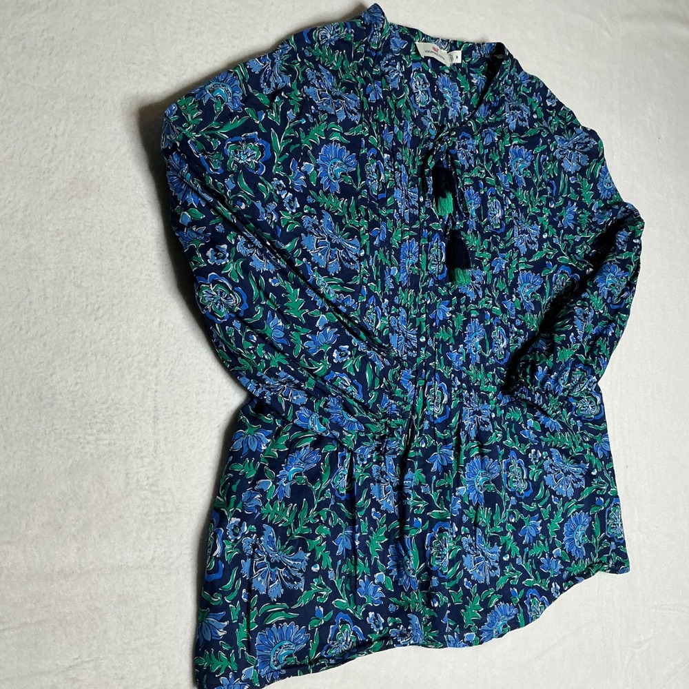 Vineyard Vines Women's Floral Print Tassel Neck Tunic Top Blue Green Size M